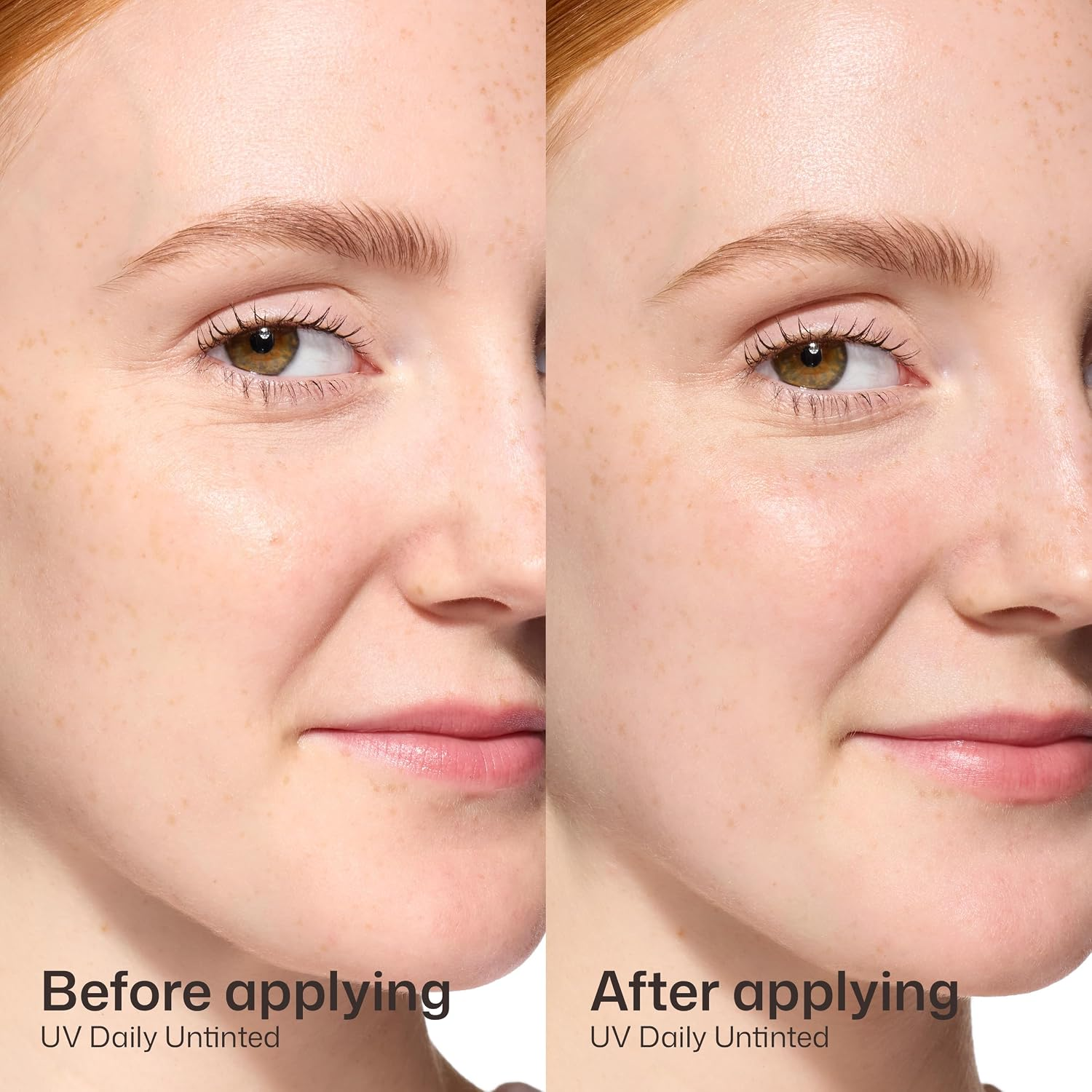 Before and after applying EltaMD UV Daily untinted sunscreen on fair skin - shows no white cast
